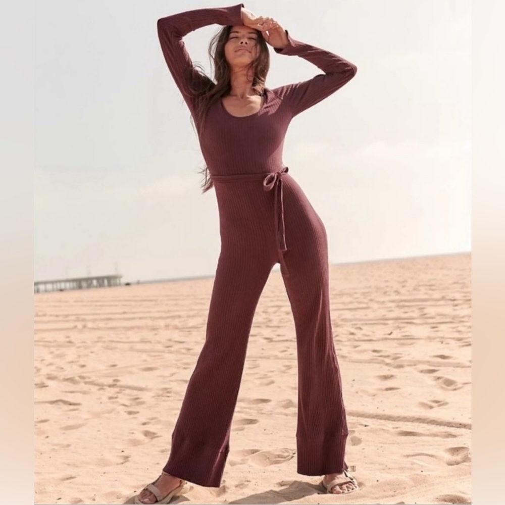 Free People Movement NEW Blissed Out Ribbed Jumpsuit in Plum Boho Retro size‎ L